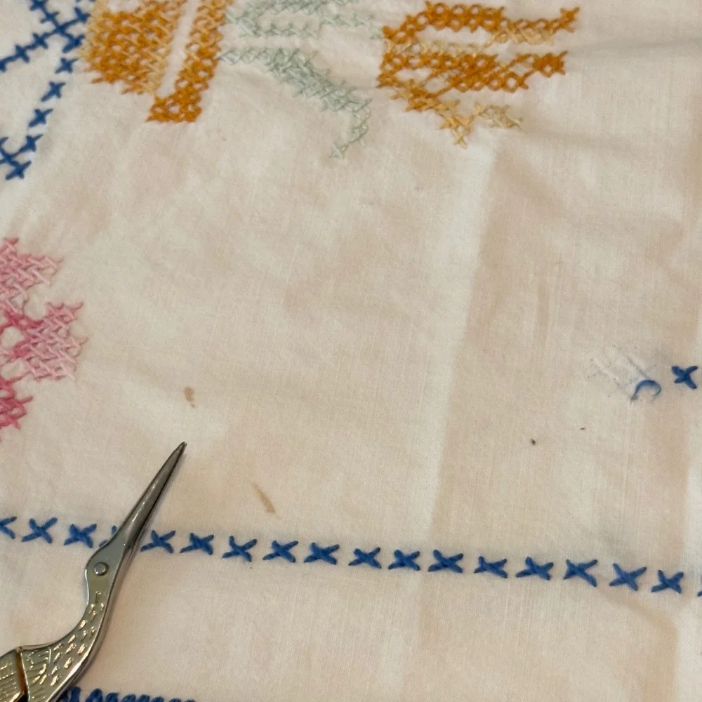 Vtg‎ Hand Embroidered Floral Cross Stitch Table Runner Blue Crochet Edge 40x13